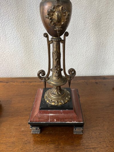 Pair of candelabras made of bronze and two-tone marble.