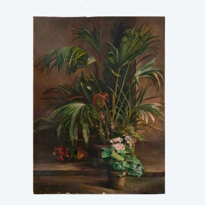 Jardin d'hiver – Grand tableau naturaliste signé et daté 1881.