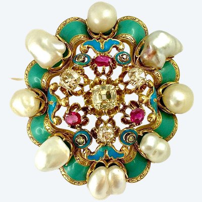 Napoleon III Brooch with Fine Pearls, Diamonds, Rubies, and Polychrome Enamels on Yellow Gold