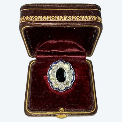 Art Deco Style Daisy Ring, Sapphire, Old Cut Diamonds and Calibrated Sapphires / White Gold