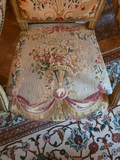 Pair of Louis XVI period queen's armchairs, upholstered in their Beauvais tapestry.