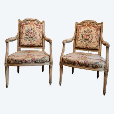 Pair of Louis XVI period queen's armchairs, upholstered in their Beauvais tapestry.