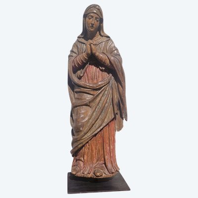 Vierge en prière en bois sculpté polychrome, époque XVIème siècle Italie