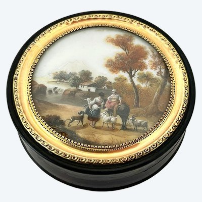 Round box with miniature tortoiseshell landscape depicting shepherdesses and a romantic waterfall, 19th century