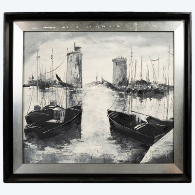 Huile sur toile figurant le port de La Rochelle, XXe siècle