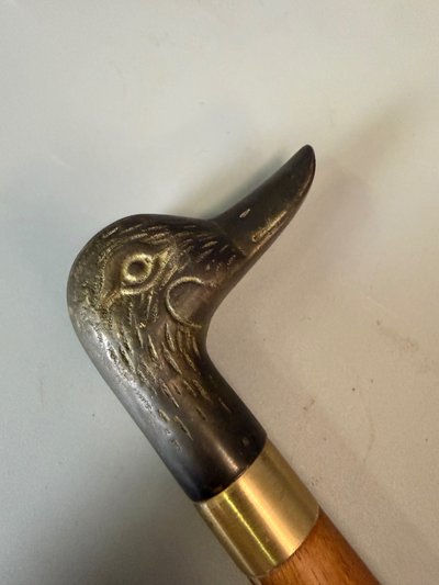 Mahogany walking stick with bronze handle and duck motif