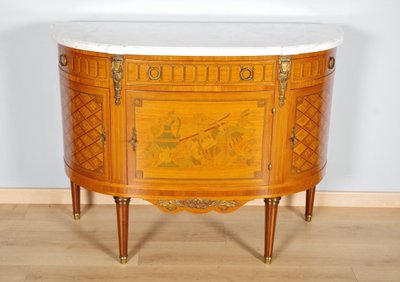 Louis XVI half-moon commode with doors, marquetry and gilt bronze mounts, circa 1900