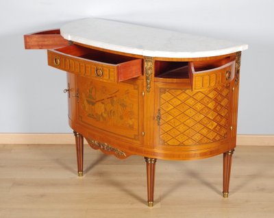 Louis XVI half-moon commode with doors, marquetry and gilt bronze mounts, circa 1900