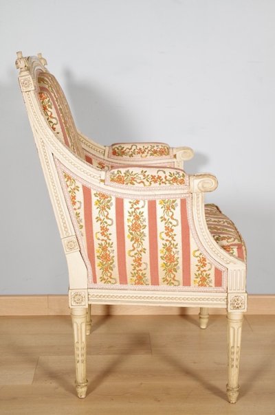 Pair of Louis XVI style bergère armchairs in lacquered wood, circa 1900