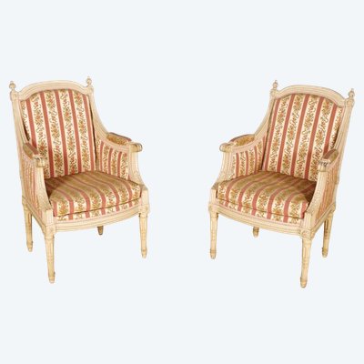 Pair of Louis XVI style bergère armchairs in lacquered wood, circa 1900