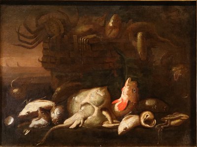Paire de natures mortes avec des poissons, attribué à Elena Recco (1654 - 1700) 
