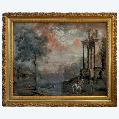TABLEAU / ECOLE FRANCAISE FIN DU XVIIIe FIXÉ SOUS VERRE SIGNÉ " HALDENWANG "