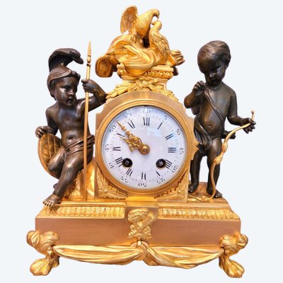 Louis XVI clock: "Love Triumphing Over War," gilded bronze with patina