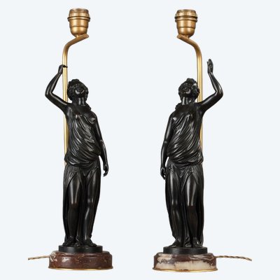Pair of Lamps,  Antique-Style Women in Patinated Bronze,