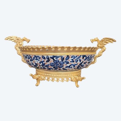 Large Japanese Imari Porcelain Bowl with Gilded Bronze Mounting