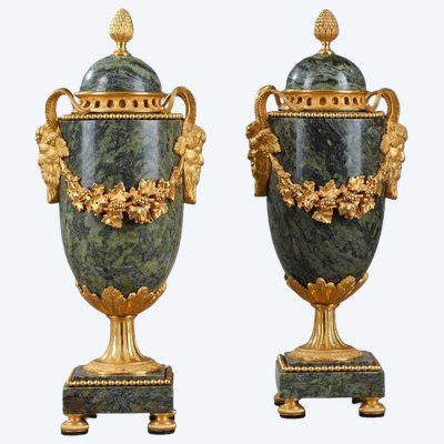 Pair of Louis XVI cassolettes, green marble and gilded bronze