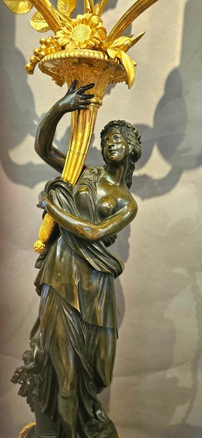 Large gilded and patinated bronze candelabras, 19th century,