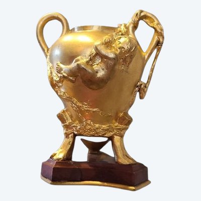 Small Vase Signed by Barrias and Barbedienne, in Gilded Bronze