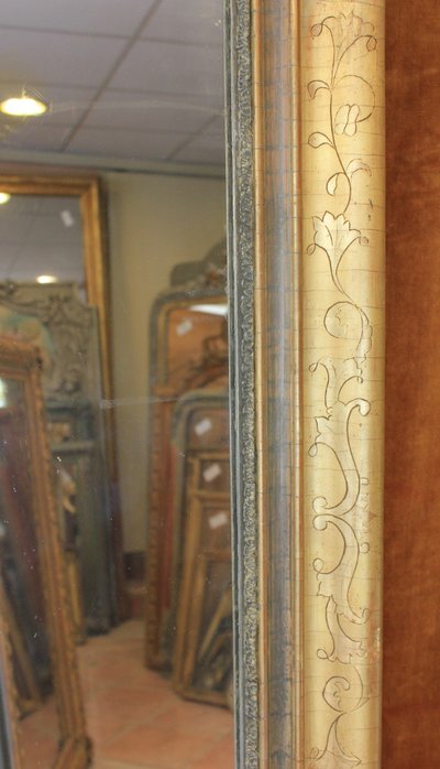 76 x 124 cm Miroir ancien rectangle restauration, feuille d'or et patine
