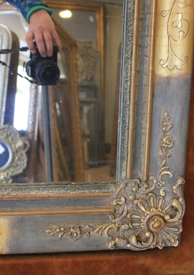 76 x 124 cm Miroir ancien rectangle restauration, feuille d'or et patine
