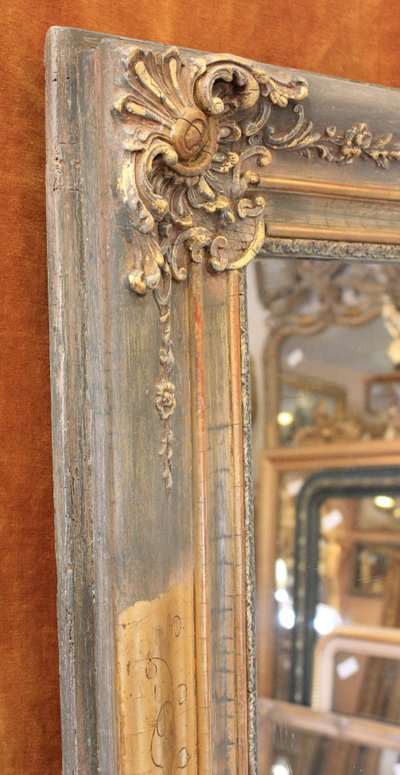 76 x 124 cm Miroir ancien rectangle restauration, feuille d'or et patine