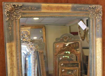 76 x 124 cm Miroir ancien rectangle restauration, feuille d'or et patine