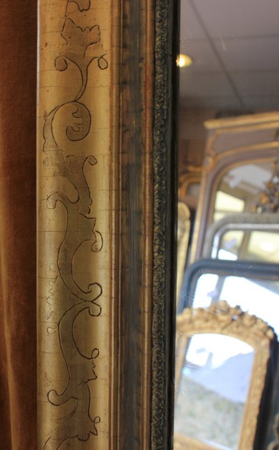 76 x 124 cm Miroir ancien rectangle restauration, feuille d'or et patine
