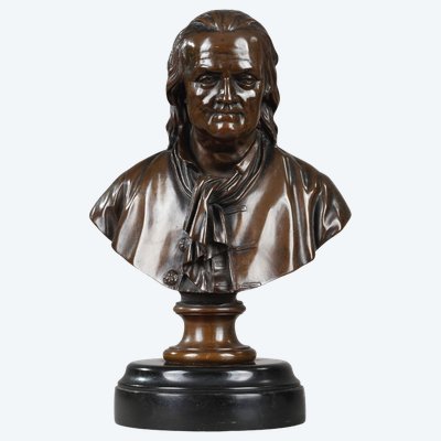 Bust of Benjamin Franklin. Patinated bronze, signed: F. Barbedienne