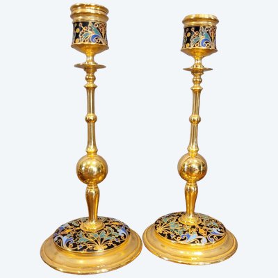 A Pair of Candlesticks in Gilded Bronze and Cloisonné Enamel, signed BARBEDIENNE
