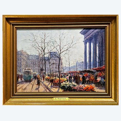 H. Malfroy - Mercato dei fiori alla Madeleine, Parigi. Olio su tela, XX secolo