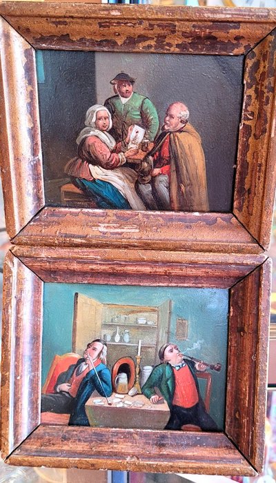 Paire De Petites Huiles Sur Cuivre, Scènes d'Interieur.