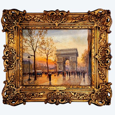 Zwei Ölgemälde auf Holz, Ansichten von Paris, Henry Malfroy; L’Étoile und die Porte Saint-Denis.