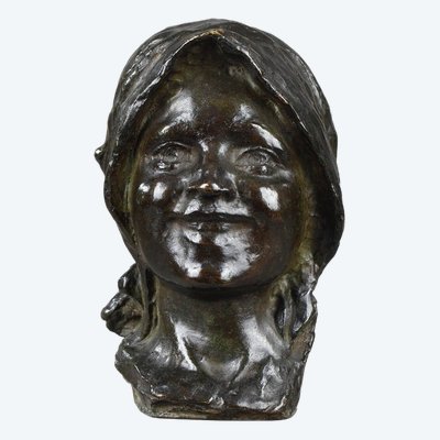 Smiling Head of a Young Girl. Bronze, attributed to Constantin Meunier