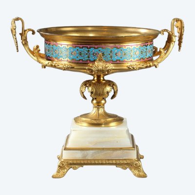 Große Schale aus vergoldeter Bronze, algerischem Onyx und Cloisonné-Emaille, Barbedienne