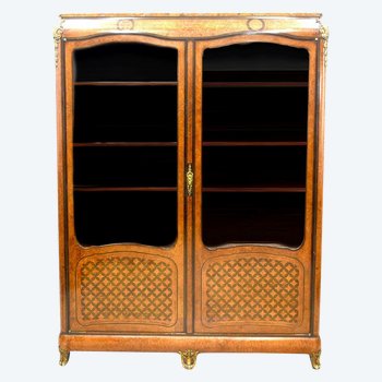 Libreria in stile transizione intarsio e piano in marmo bronzo dorato