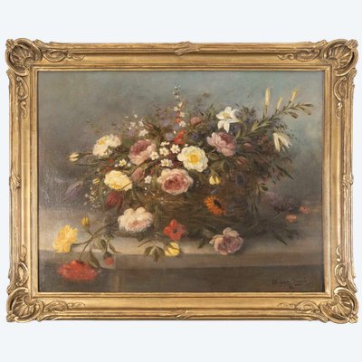 M. Cochon-Danquin (XIXᵉ siècle) – Nature morte à la corbeille de fleurs, 1884 – Huile sur toile