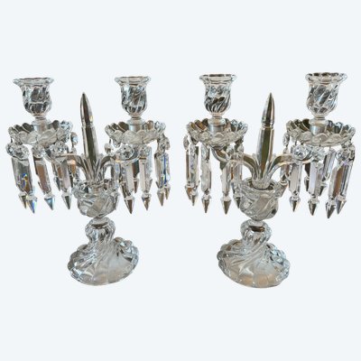 BACCARAT Pair of twisted bamboo crystal candelabras, stamped