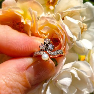 Bague duchesse Belle Époque diamants et perle fine