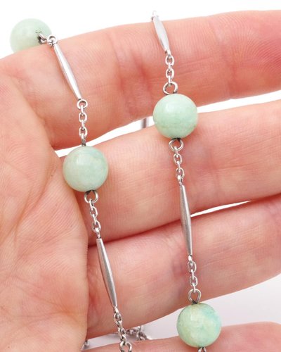 French 1940s Silver Amazonite Bead Necklace