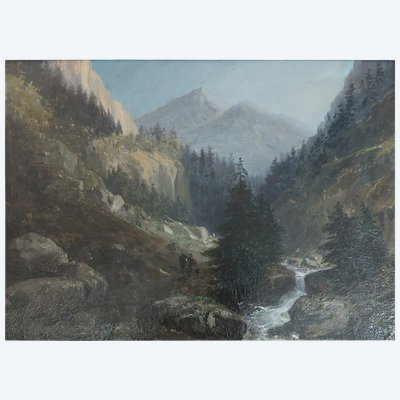 Anonyme - Paysage de montagne - huile sur panneau - XIXéme siècle