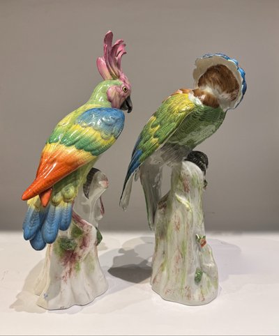Paire de perroquets perchés en porcelaine de Paris (Bourdois & Bloch) H36