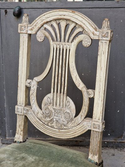 Chaise lyre Louis XVI 18ème style Georges Jacob (1739–1814) bois laqué patiné