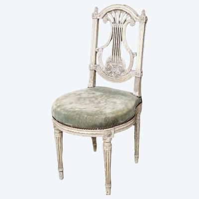 Louis XVI lyre chair, 18th-century style, by Georges Jacob (1739–1814), lacquered wood with a patina finish