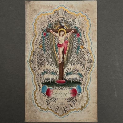 Canivet XVIIIe représentant le Christ en croix travail de dentelle