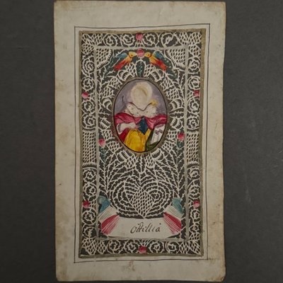 Canivet XVIIIe en dentelle peint à la main représentant une sainte