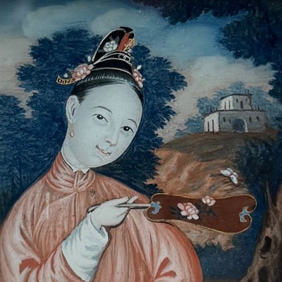 Fixé sous verre XIXe Chine jeune fille en buste cadre en bois naturel
