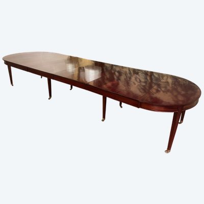 Table de salle à manger extensible d'époque directoire en acajou à bandeau de 4m