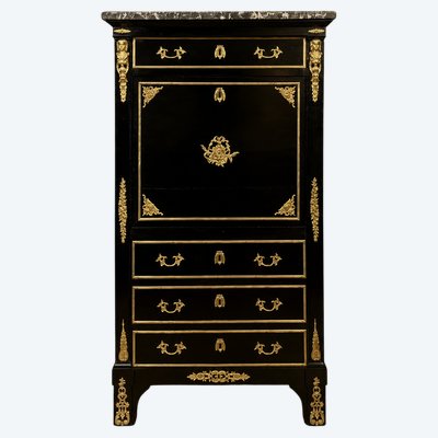 Black-lacquered wooden drop-leaf secretary desk with gilded bronze hardware – Boulle style, mid-19th century