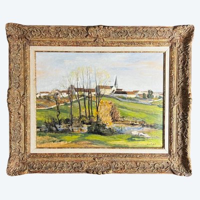Luc Tullat (1895–1984) – French Village Landscape, oil on canvas, Montparnasse-style frame