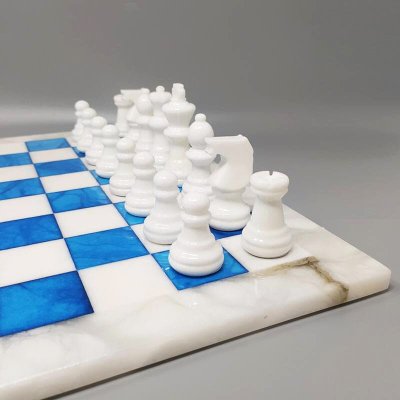 1970s Gorgeous Sky Blue and White Chess Set in Volterra Alabaster Handmade. Made in Italy